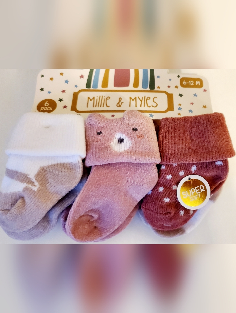 Set of 6 Pairs Baby's Socks with cuffs 6-12 months Super Soft